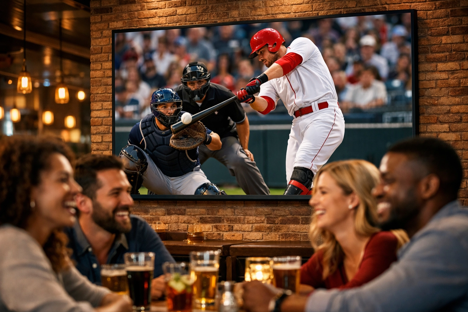 High-definition DOOH display in a sports bar targeting fans during live sports broadcasts.
