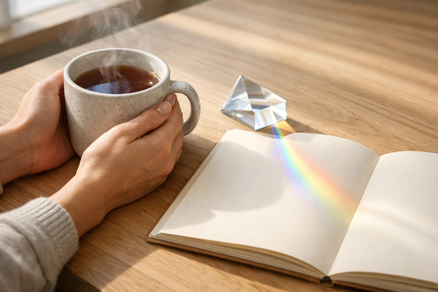 A minimalist desk with a prism reflecting light, representing clarity and transparency in affordable psychotherapy.