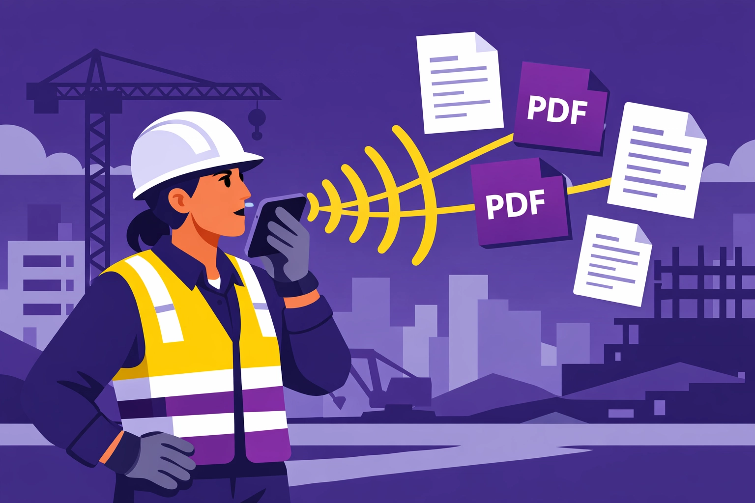 Bauarbeiter erstellt Sprachmemo auf Baustelle für automatische KI-Dokumentation