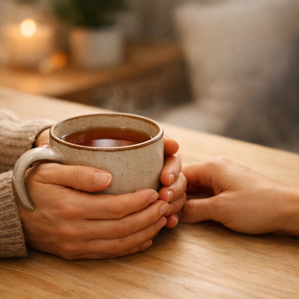 A supportive gesture and a warm tea mug symbolizing the safe, healing environment at Talk to Heal.
