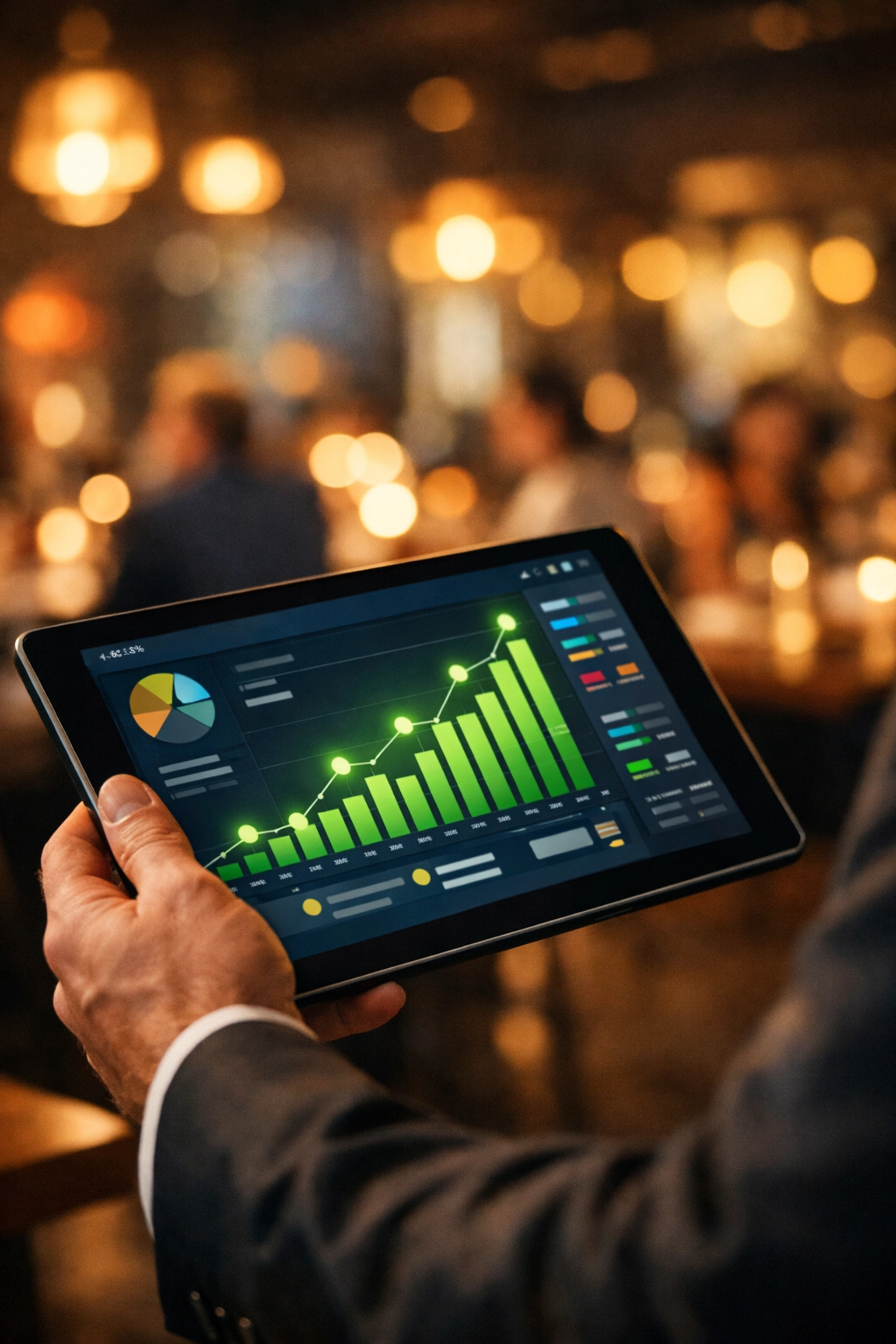 Restaurant manager viewing data analytics on a tablet to monitor operational efficiency.