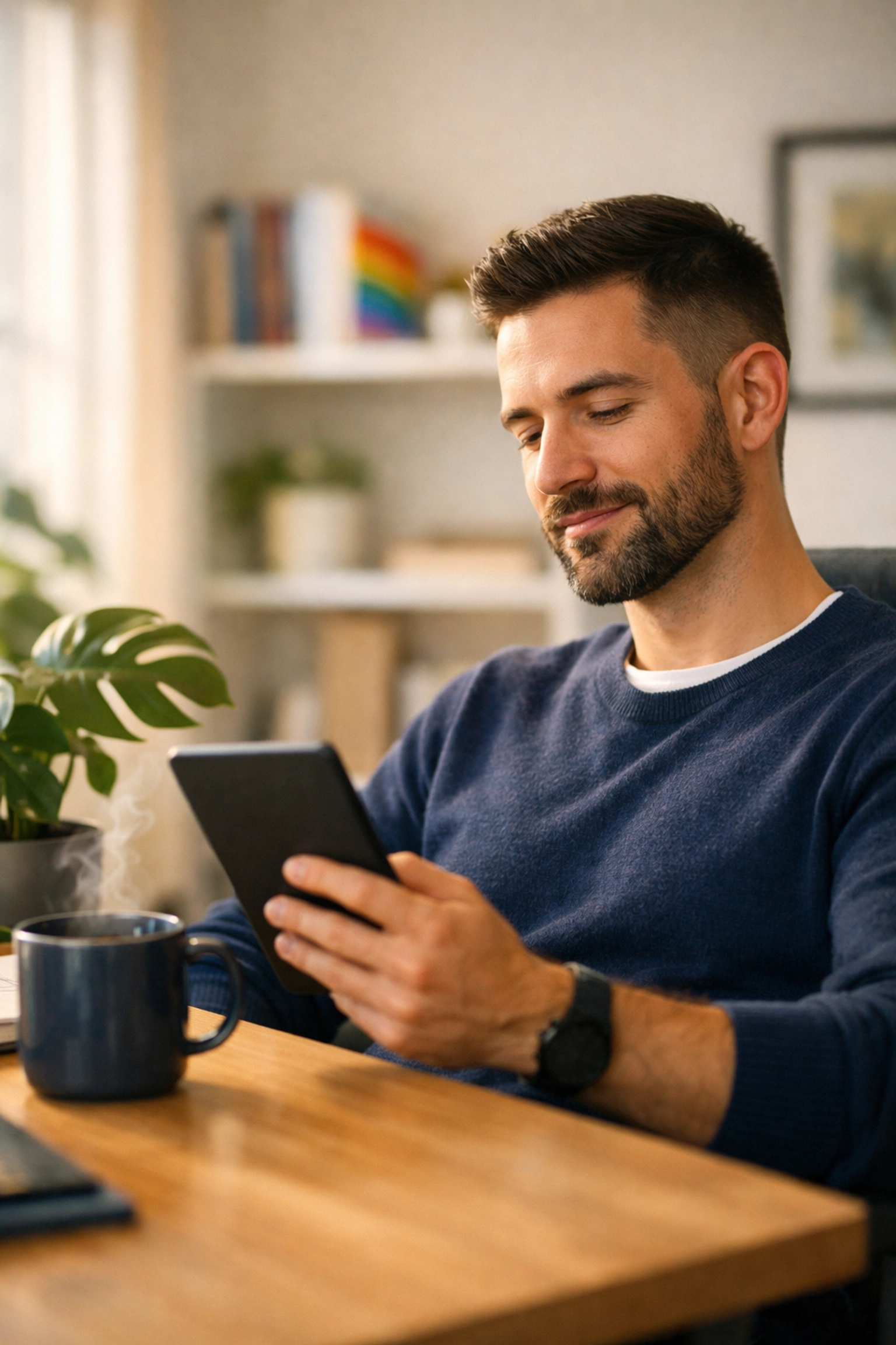 Gay professional studying queer education on an e-reader as part of daily professional development.