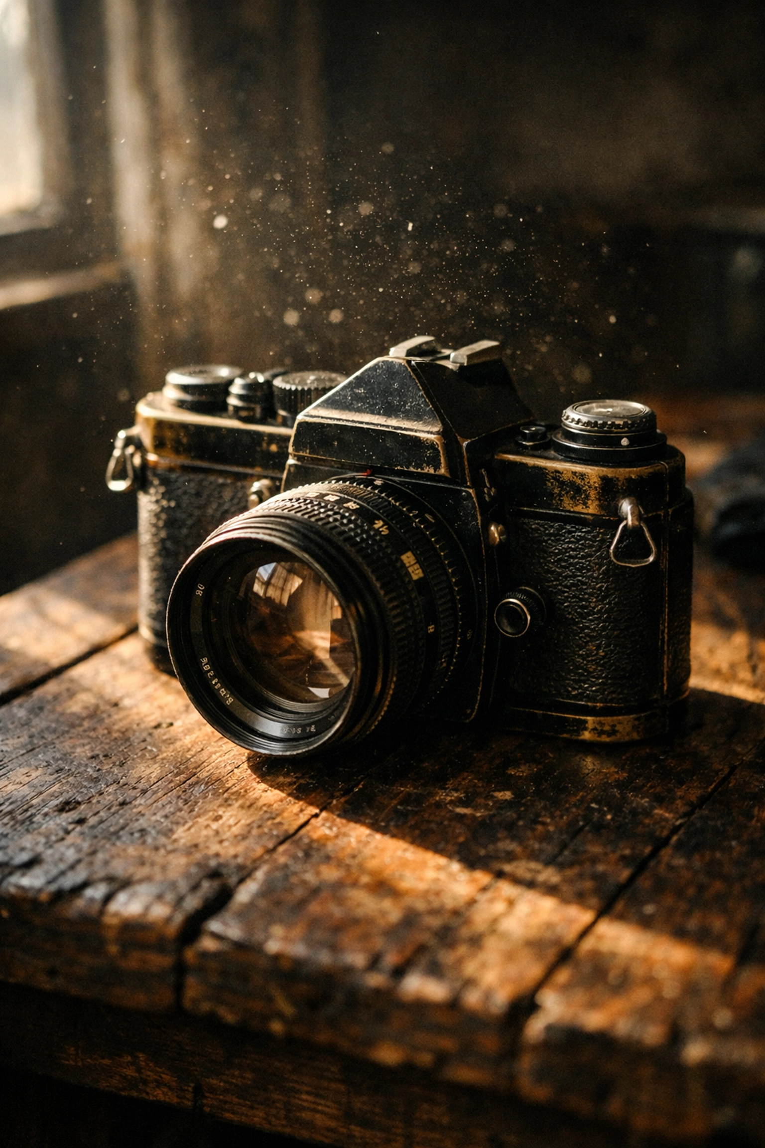 Vintage film camera on a rustic wood table highlighting the tangible aesthetic and natural textures.