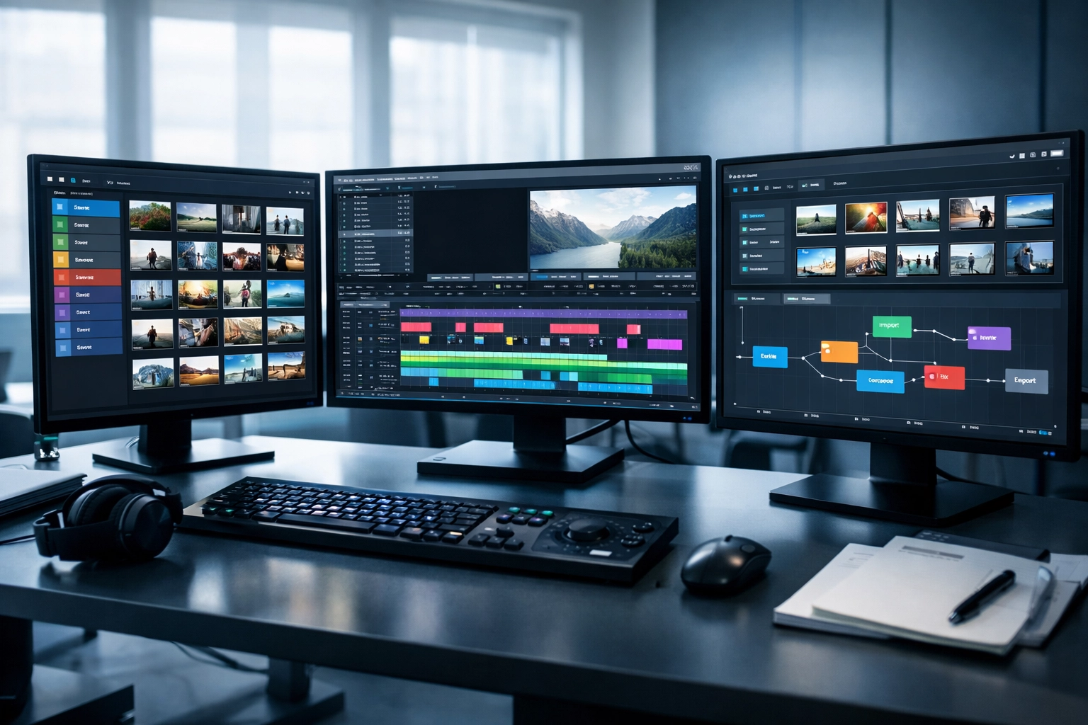 Media asset management workspace with multiple monitors displaying organized video content and campaign files