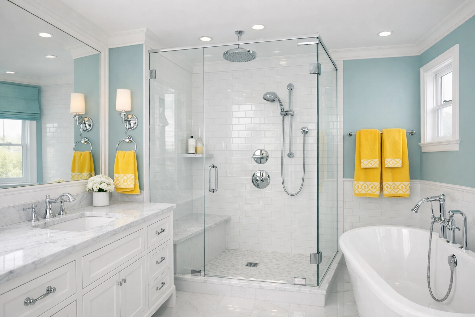 Deep cleaned luxury bathroom in Duxbury with dry subway tiles and polished fixtures.