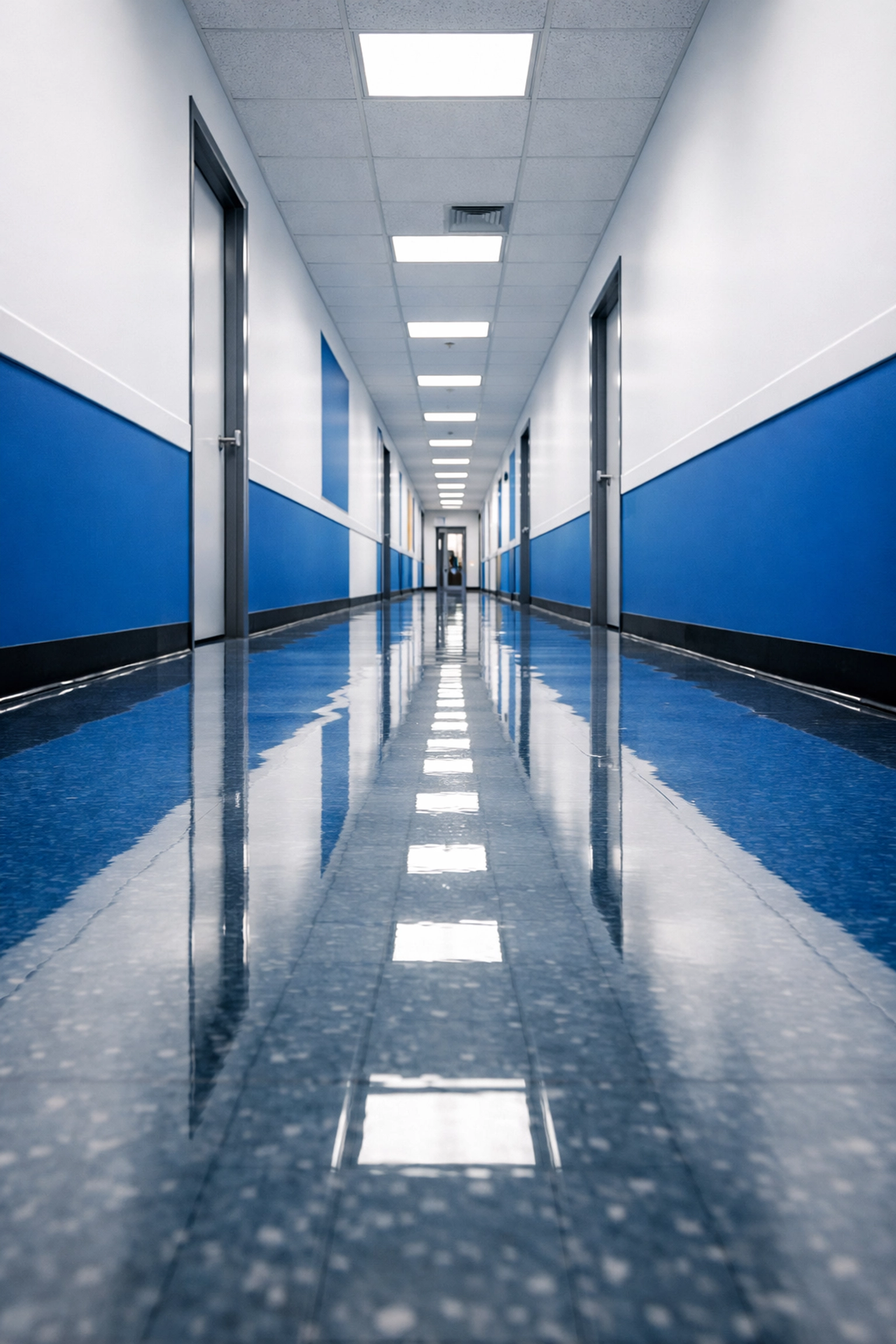 Shiny VCT flooring in a high-traffic corridor after professional Marlborough commercial cleaning and waxing.