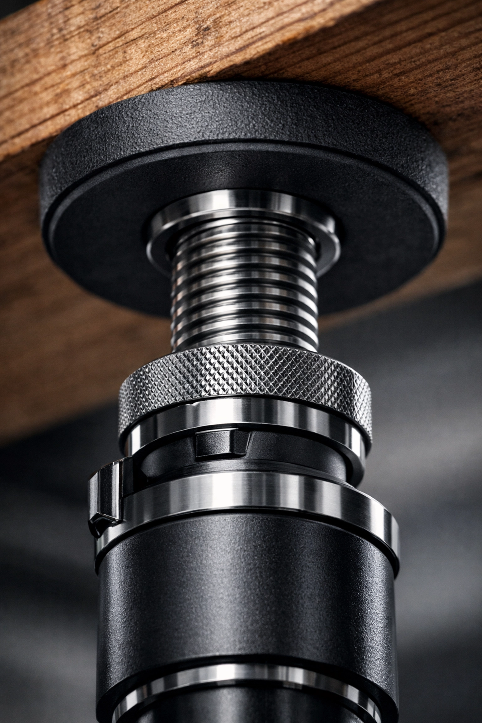 Detail of a no wall damage workout system showing the secure tensioning mechanism against a ceiling.