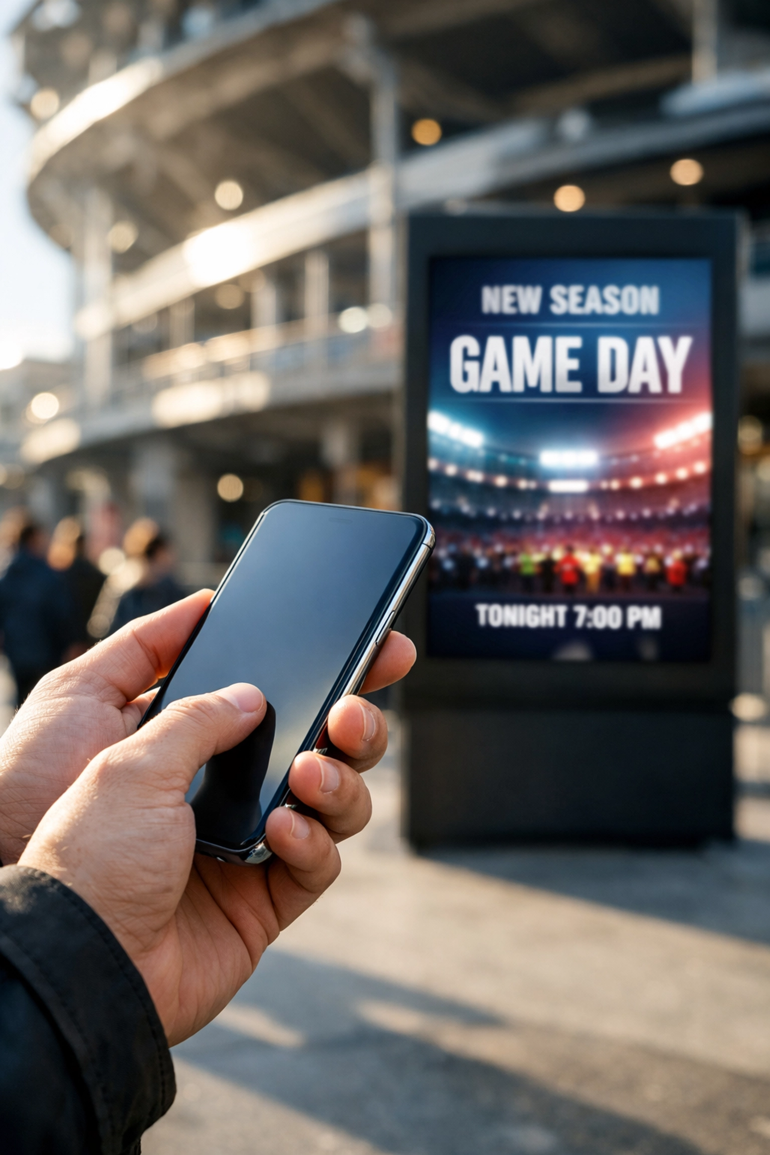 Person using a smartphone near a stadium with a digital out-of-home screen in the background.