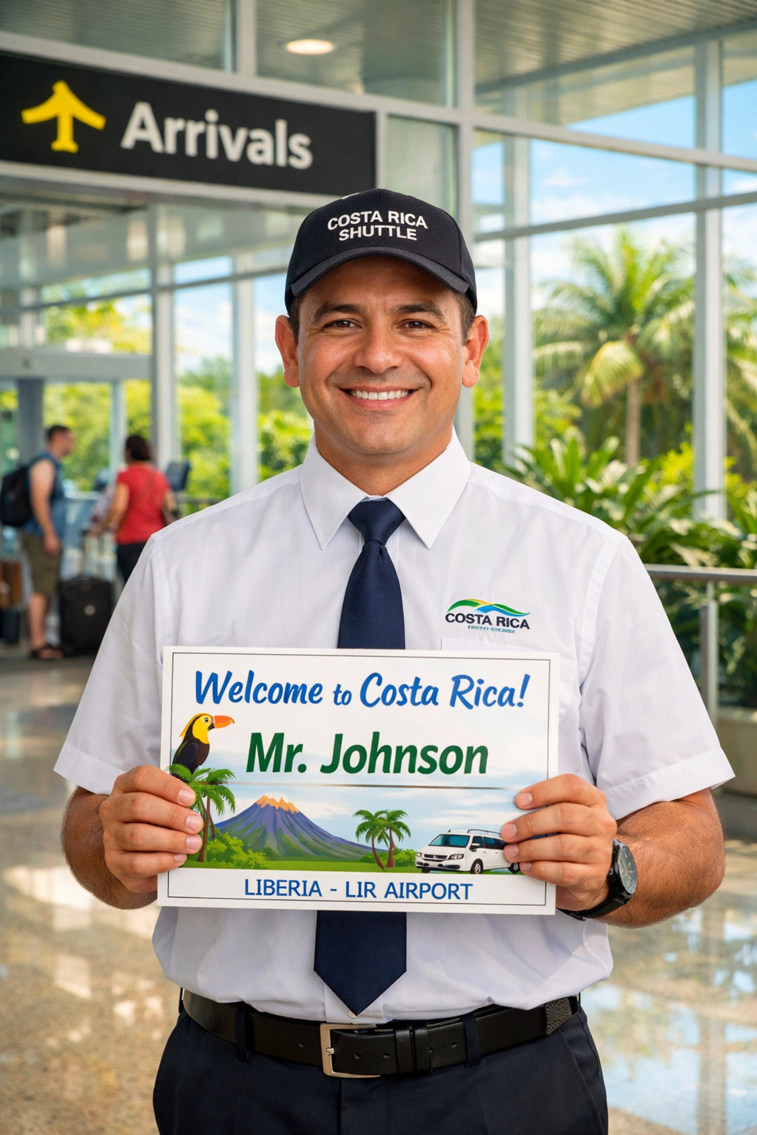 Professional Liberia airport shuttle driver in uniform holding a personalized greeting sign for arrivals at LIR.