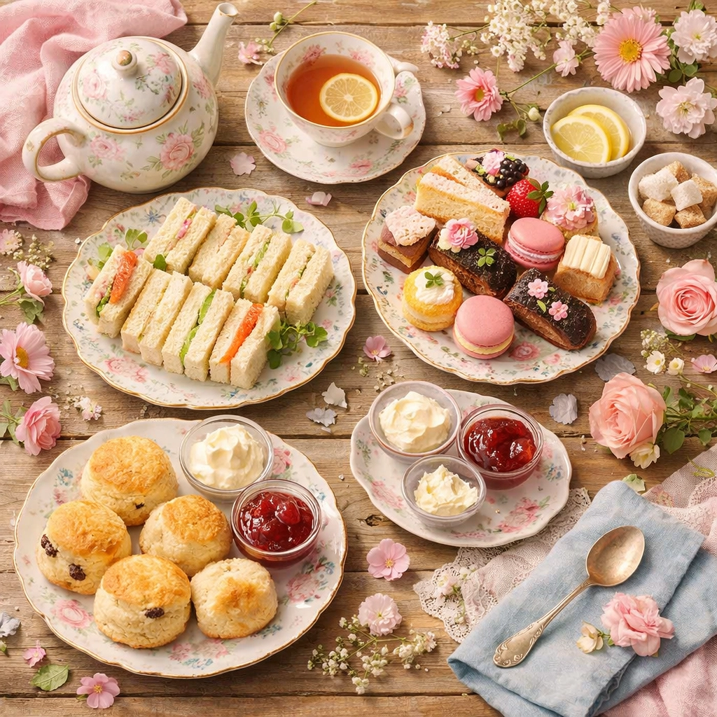 Traditional afternoon tea spread with sandwiches, scones and cakes at Little Dreams Cafe