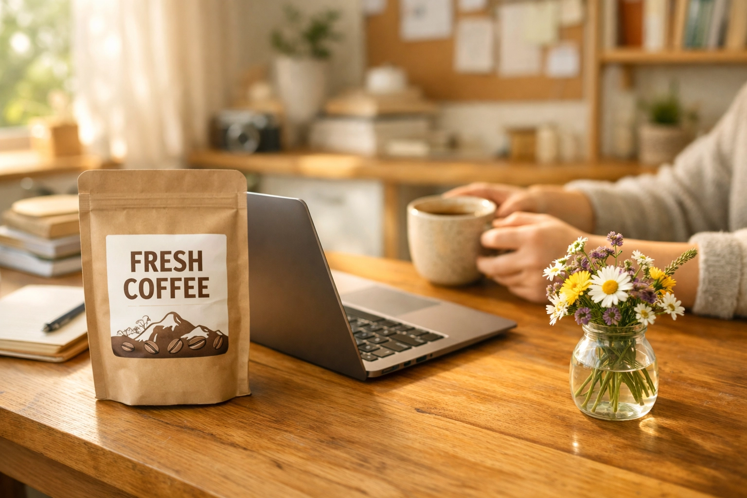 Fresh coffee bag next to a laptop on a sunny desk, representing a successful coffee dropshipping UK business.