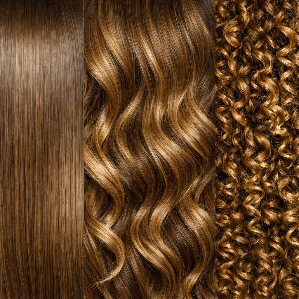 Visual guide showing healthy fine, thick, and curly hair textures after salon treatments.