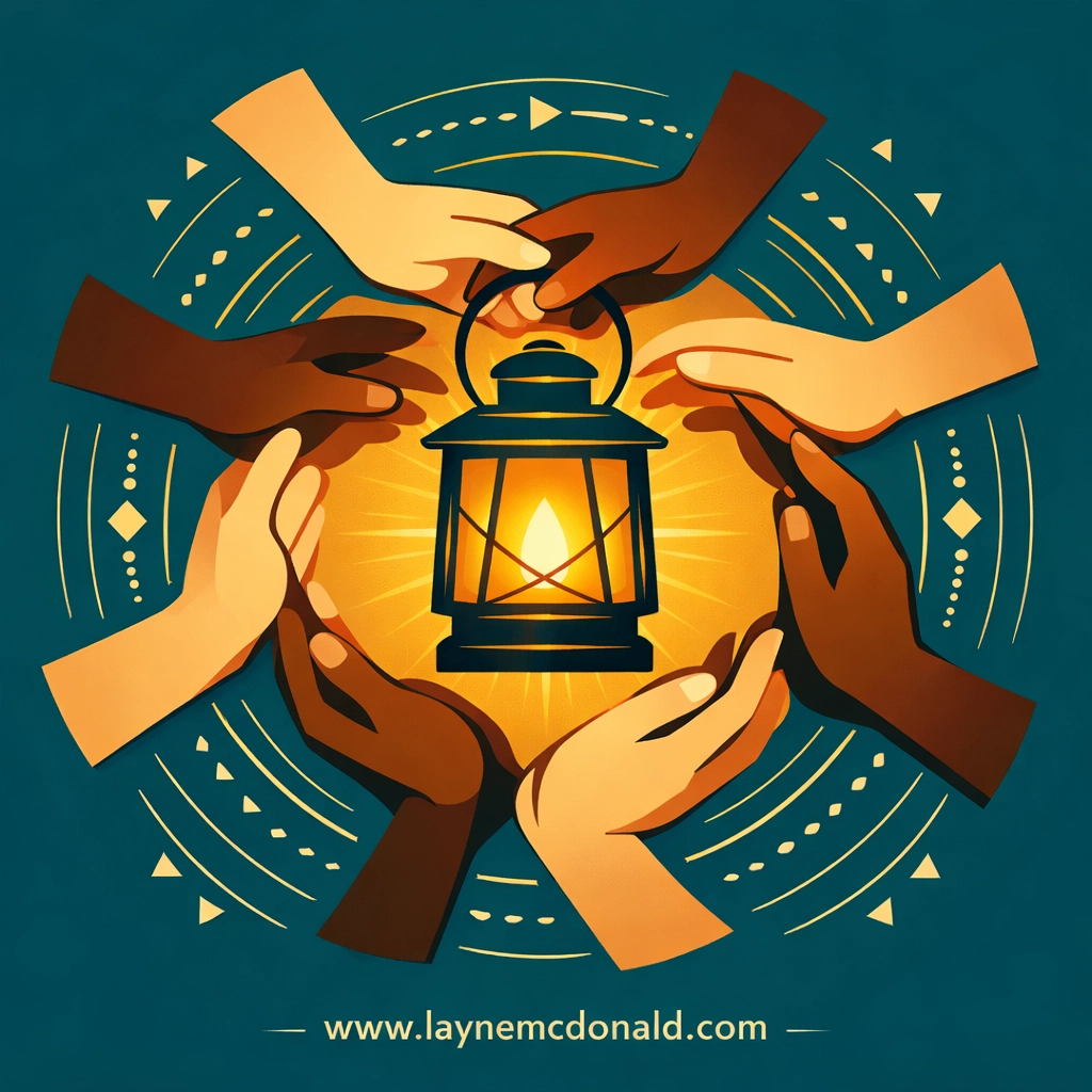 Diverse hands sharing light symbolizing shared church leadership and building trust together