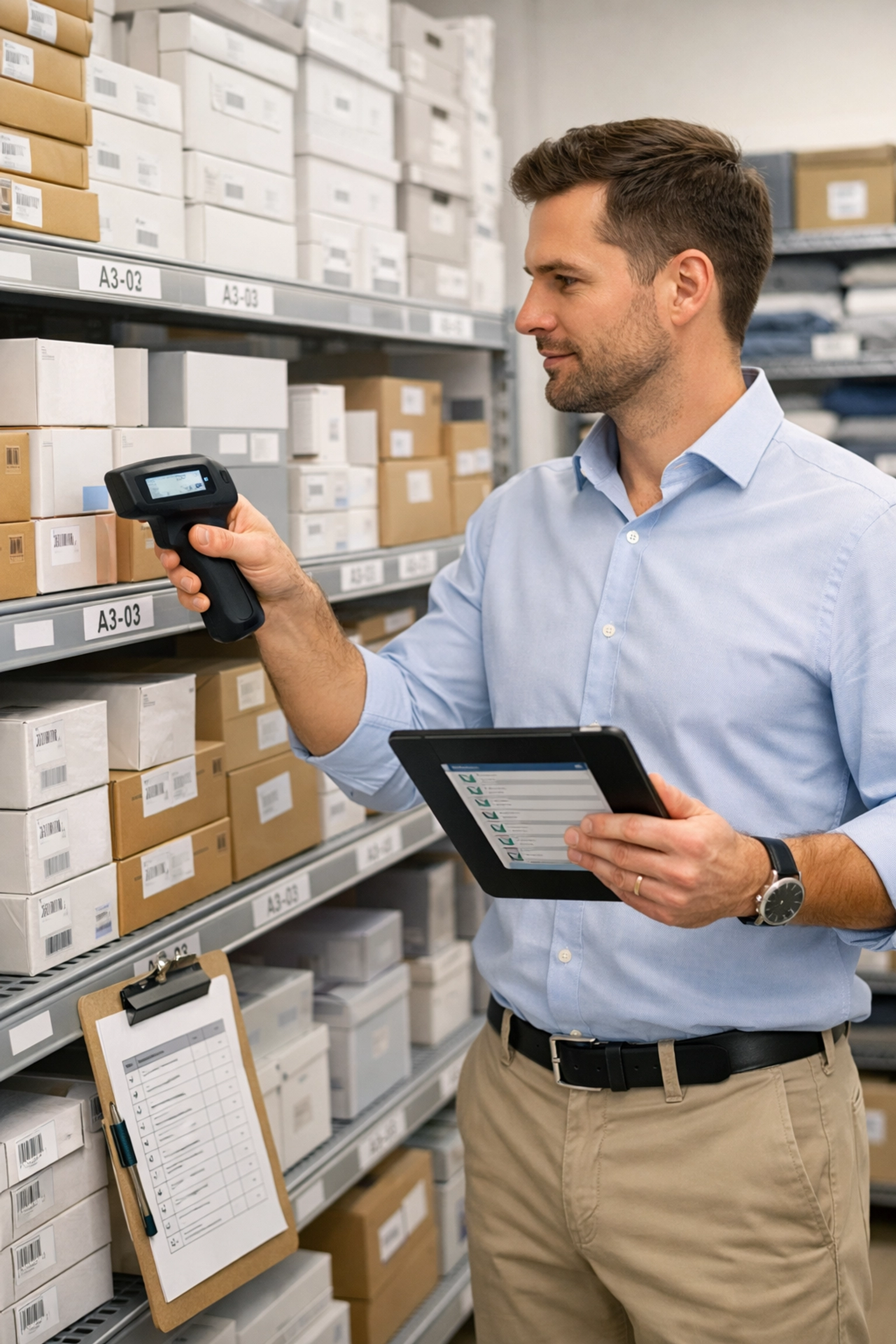 Retail manager conducting inventory audit with digital scanner for loss prevention