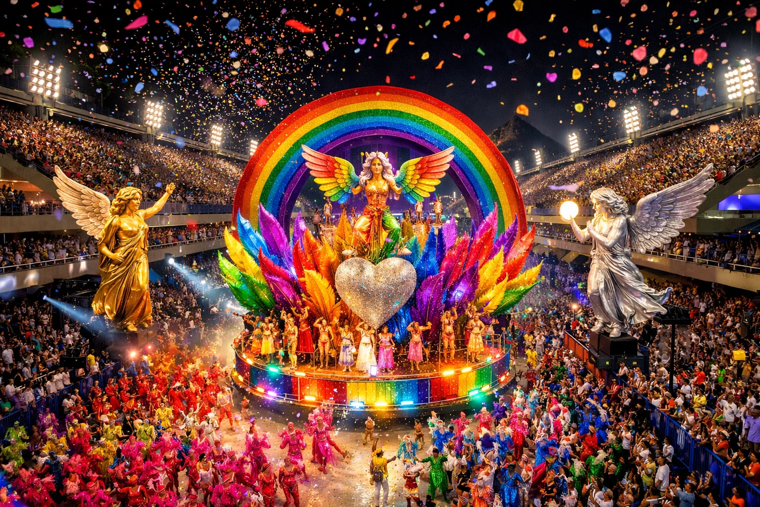Rio Carnival parade at Sambadrome with LGBTQ+ pride float and rainbow decorations