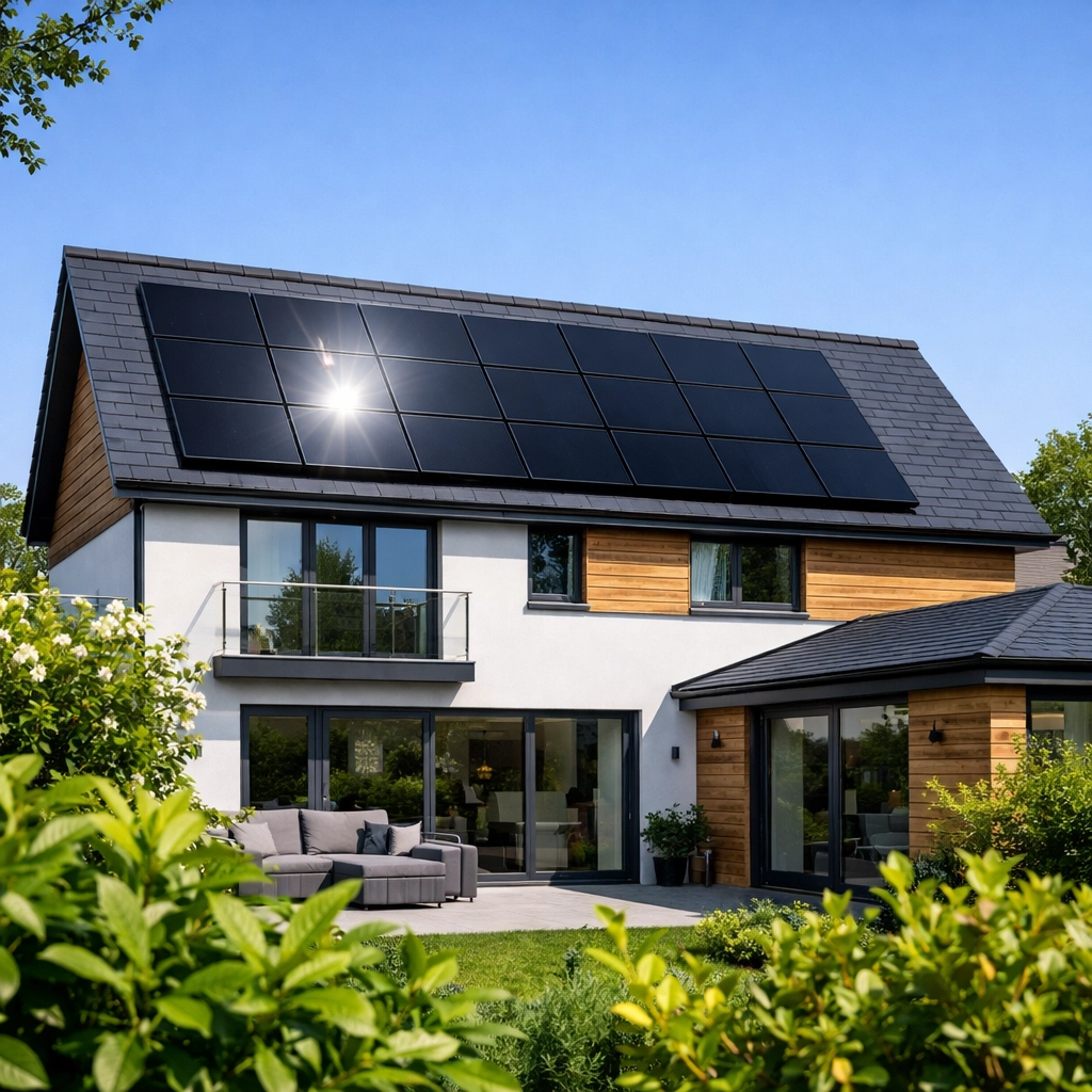 Modern home in Bournemouth with a high-efficiency residential solar panel installation on a slate roof.