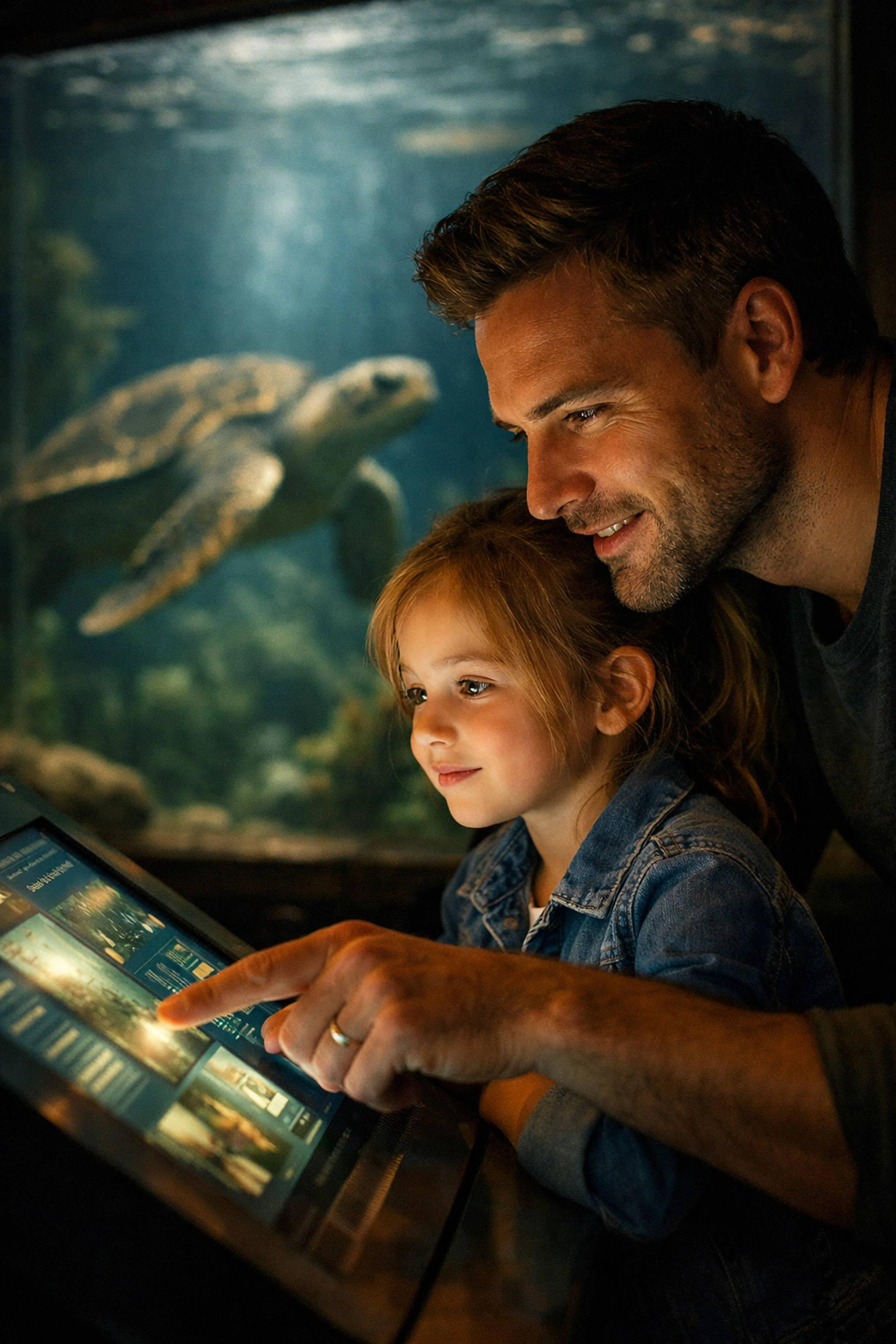Family interacting with a branded conservation education station at an aquarium turtle exhibit.