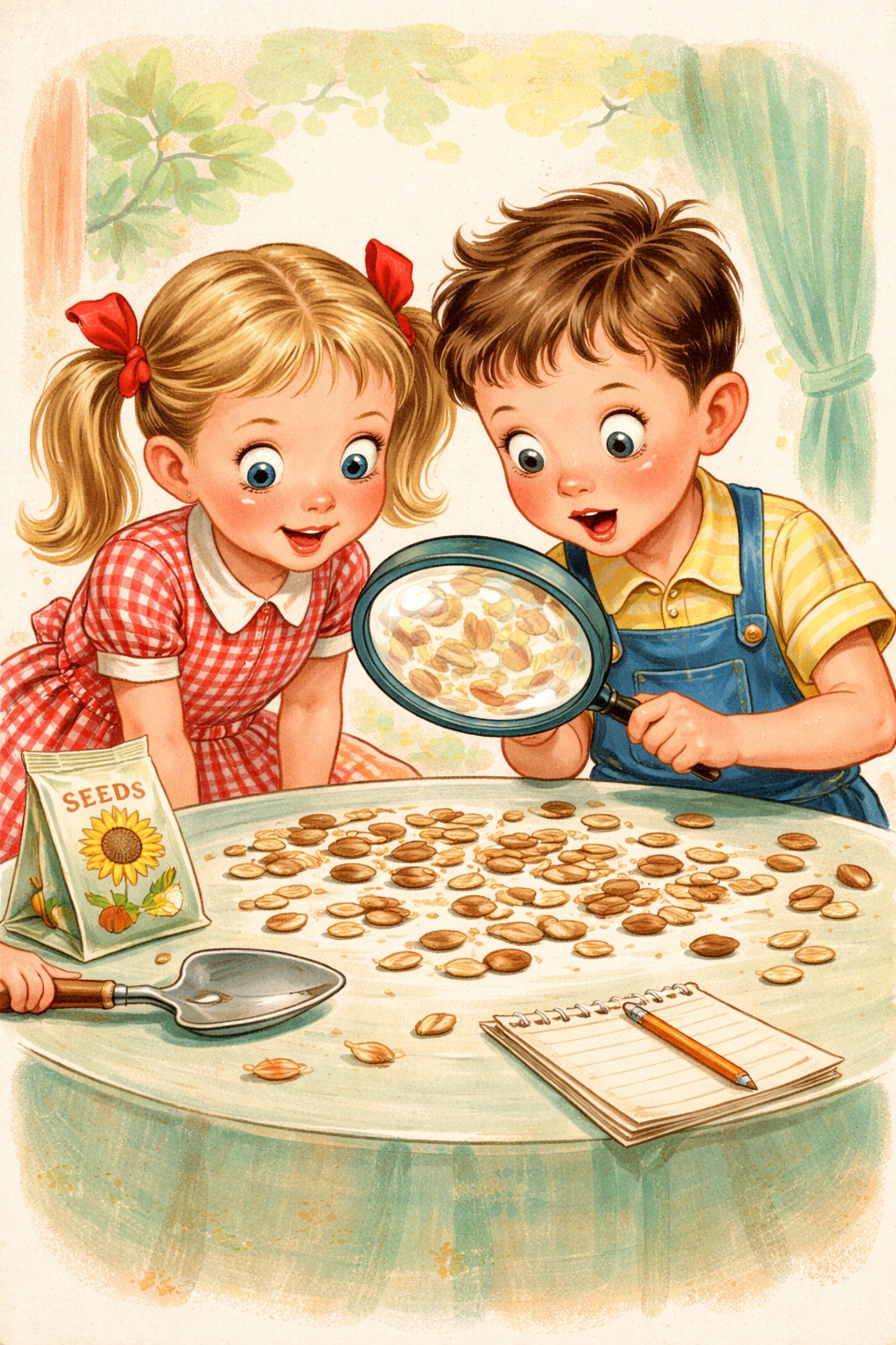 Children closely examining mystery seeds with a magnifying glass during a family seed guessing activity