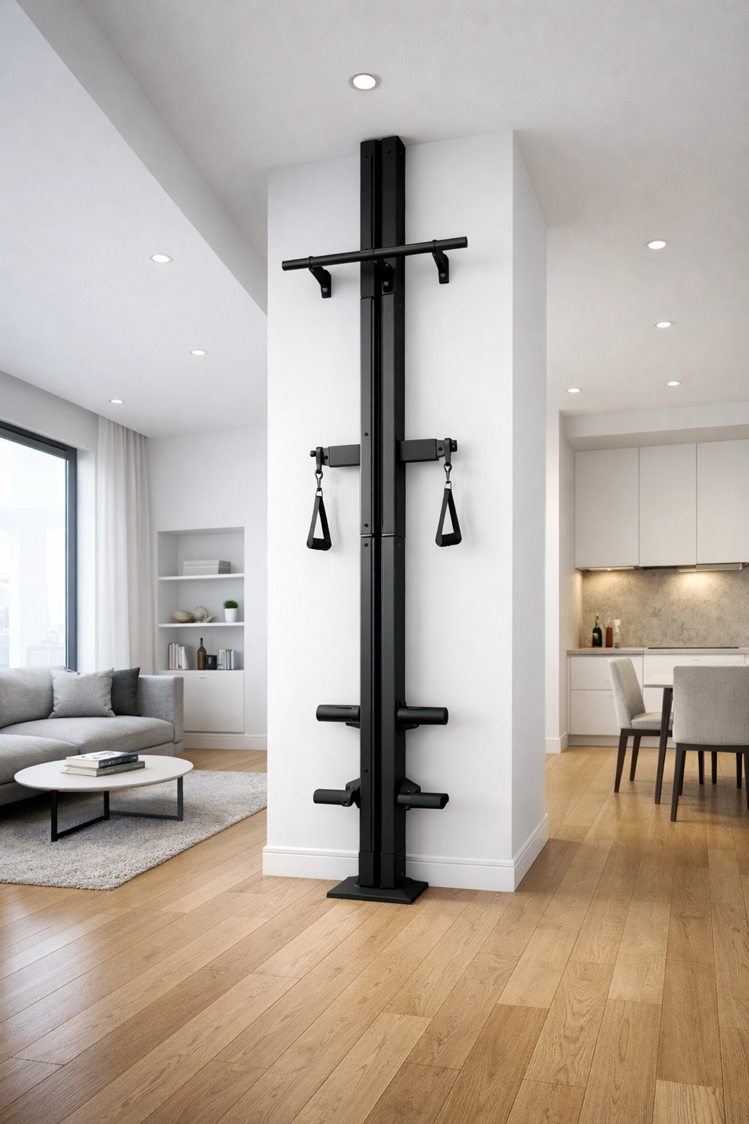 Space-saving floor to ceiling gym system for bodyweight training in a modern home apartment.