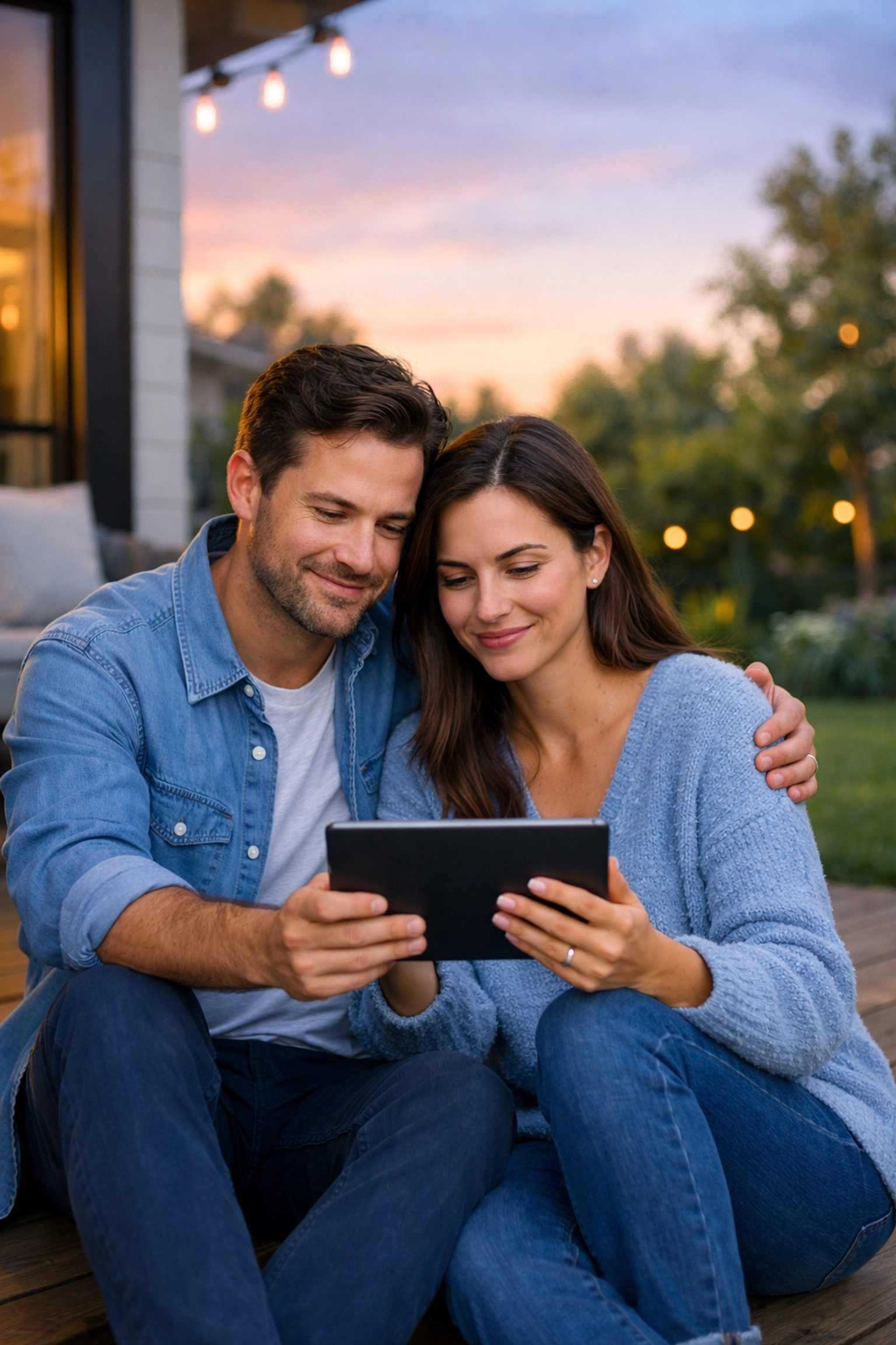 California couple reviewing life insurance options on a tablet to protect their home and financial future.