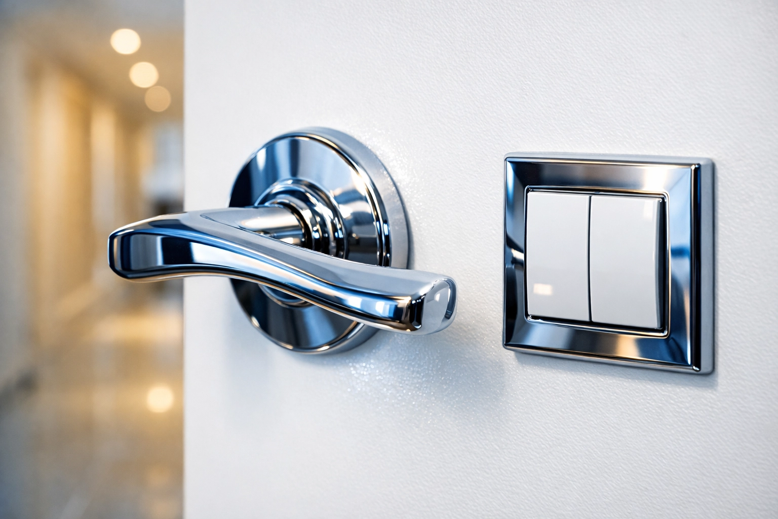 Sanitized chrome door handle and light switch reflecting a clean, germ-free home environment in Yarmouth.