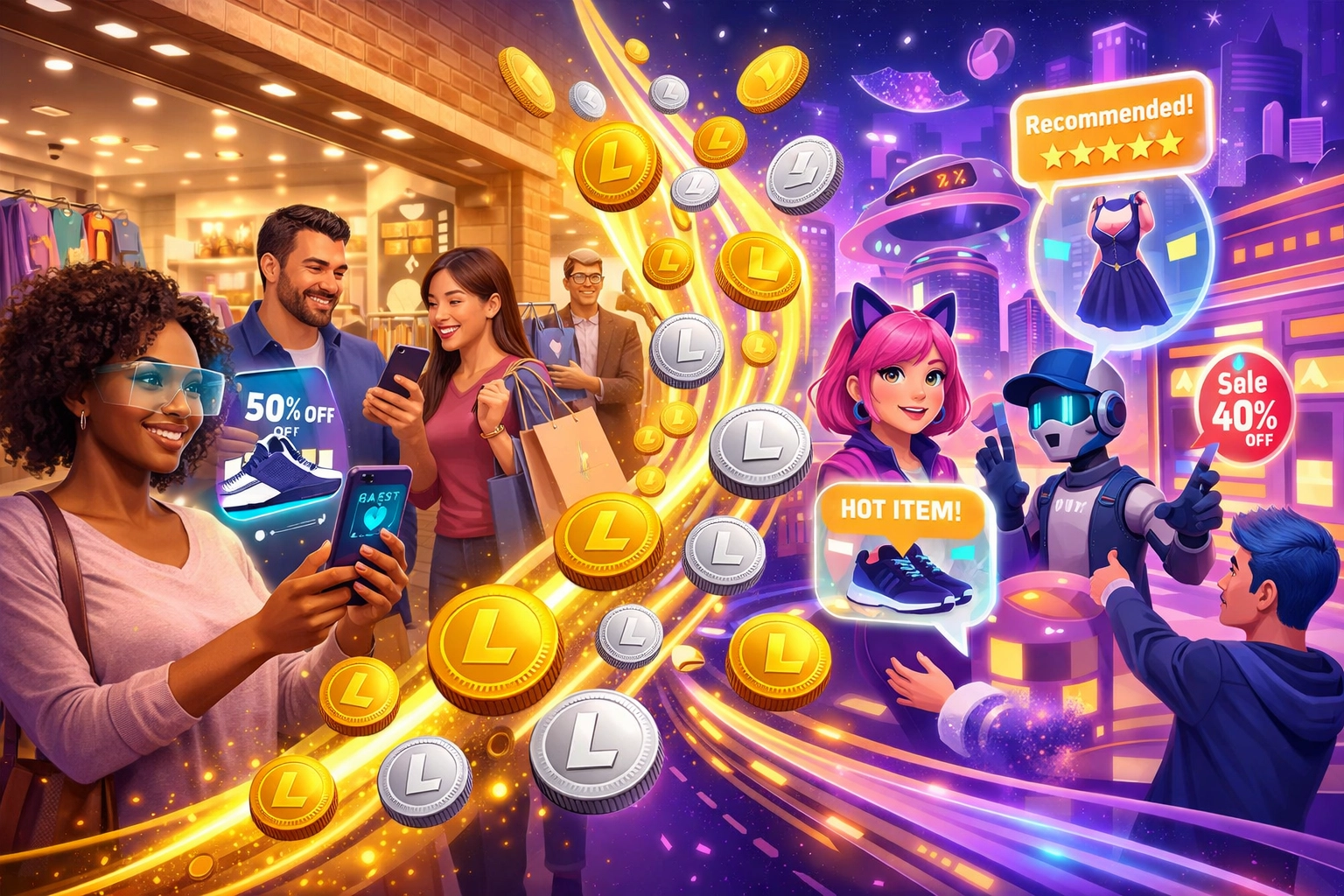 Customers shopping in hybrid retail and metaverse environment using Larecoin cryptocurrency payments