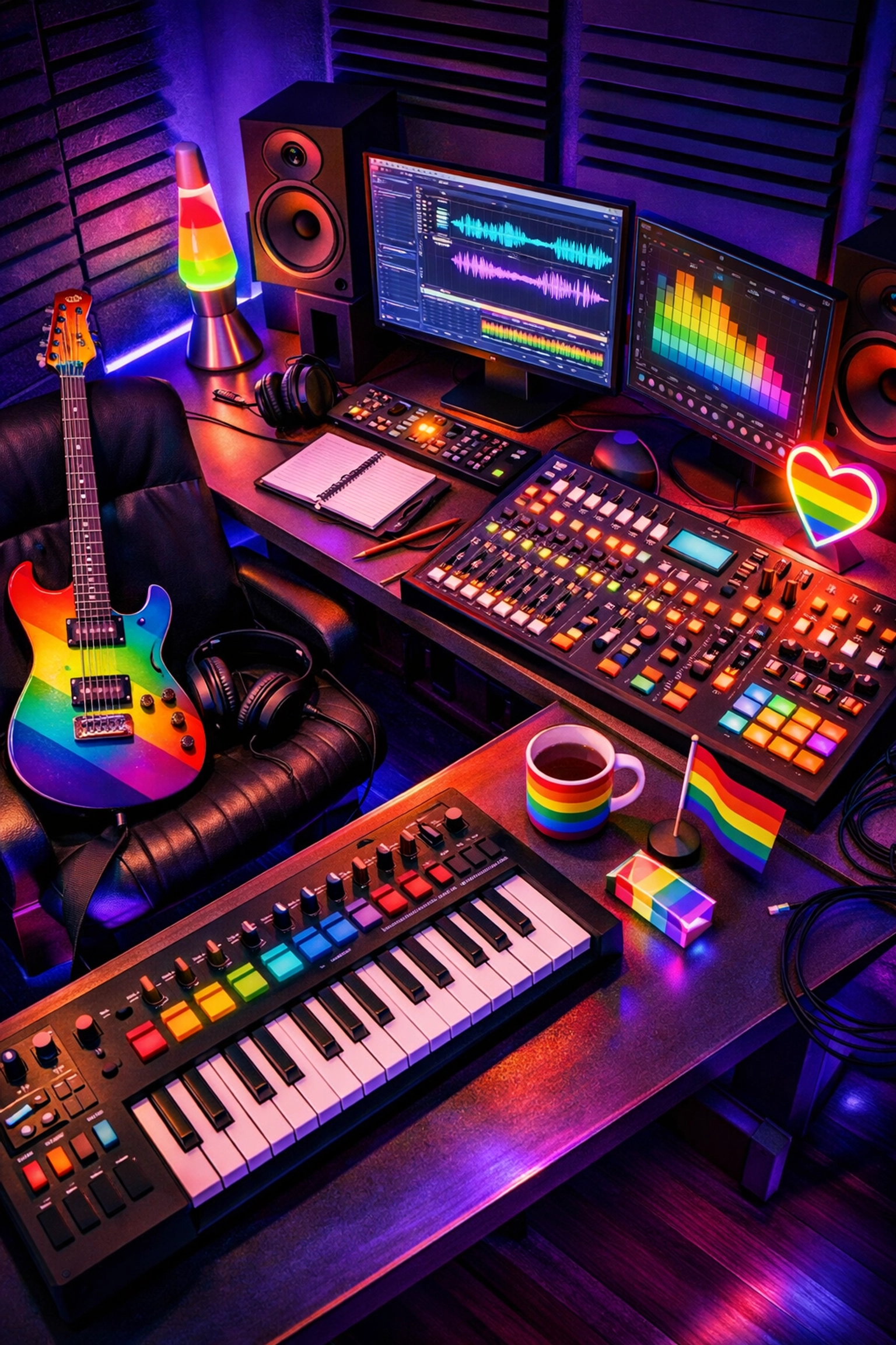 Music production studio workspace showcasing LGBTQ+ artist creative control and independence