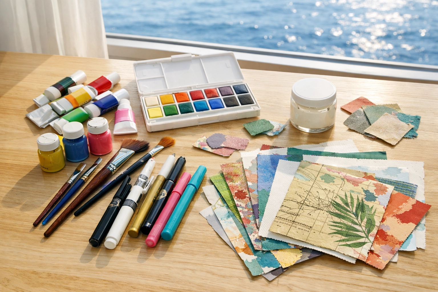 Travel-friendly watercolor and acrylic palettes with mixed media supplies laid out for a painting session