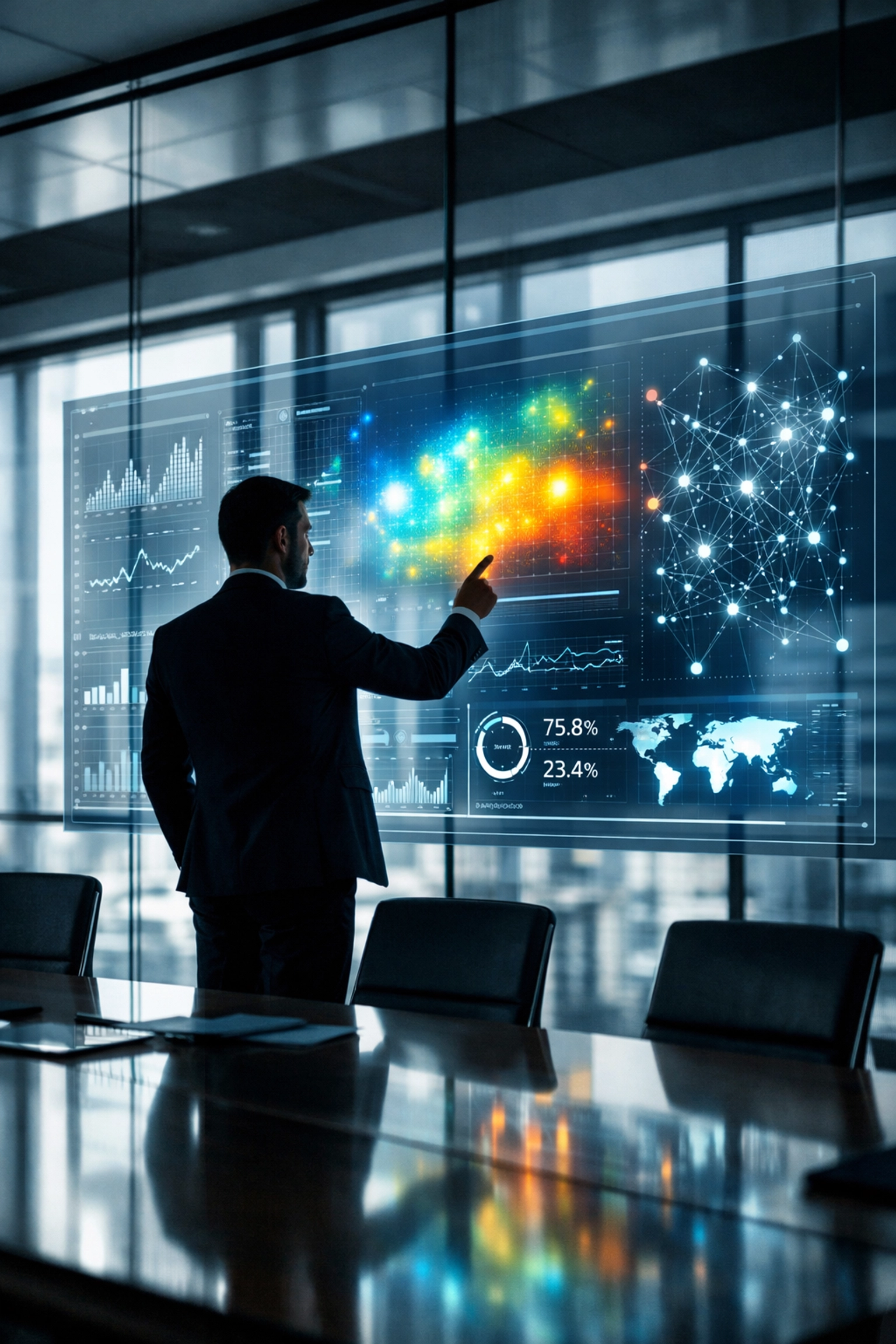 Executive analyzing real-time data dashboards for Fortune 100 workforce management.