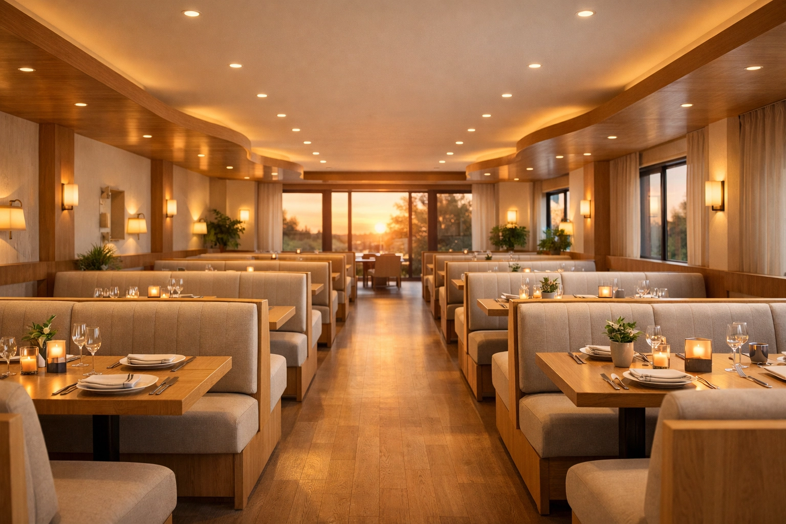 Wide-angle view of custom beige booth seating layout designed for efficient restaurant traffic flow.
