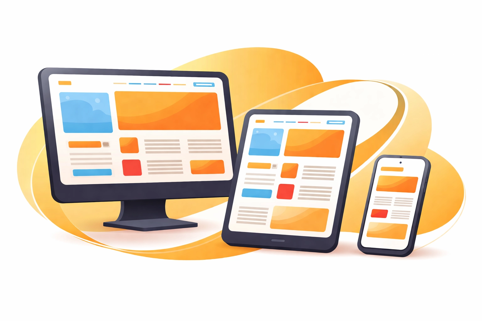 Responsive web design illustration showing a website adapting seamlessly across desktop, tablet, and smartphone screens.
