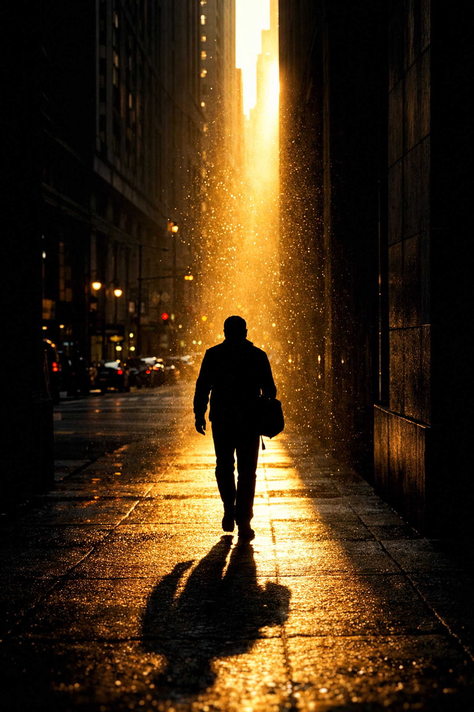 High contrast silhouette of a person in a sunlit city alley, a dramatic street photography idea.