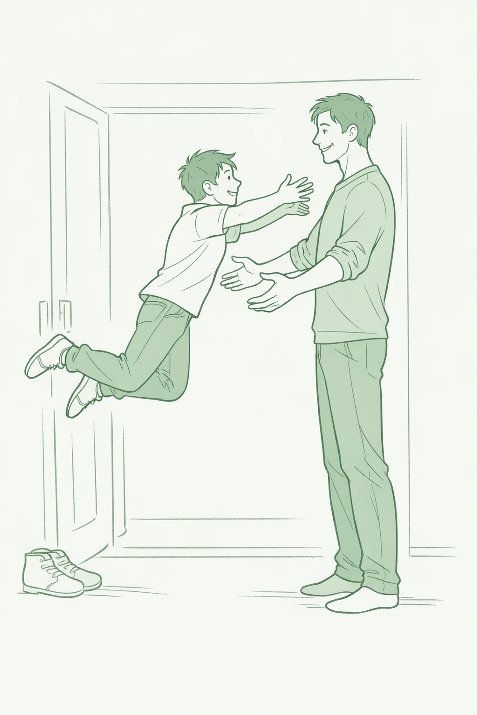 Shorter man leaping into tall partner's arms - flying hug MM romance moment