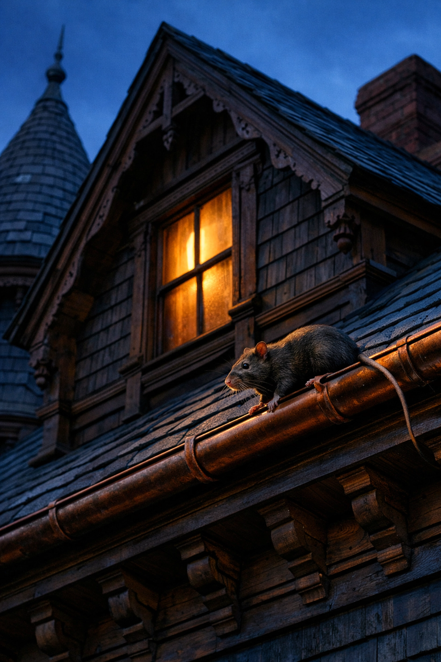 Roof rat climbing the roofline of a Yonkers home, demonstrating vertical pest behavior.