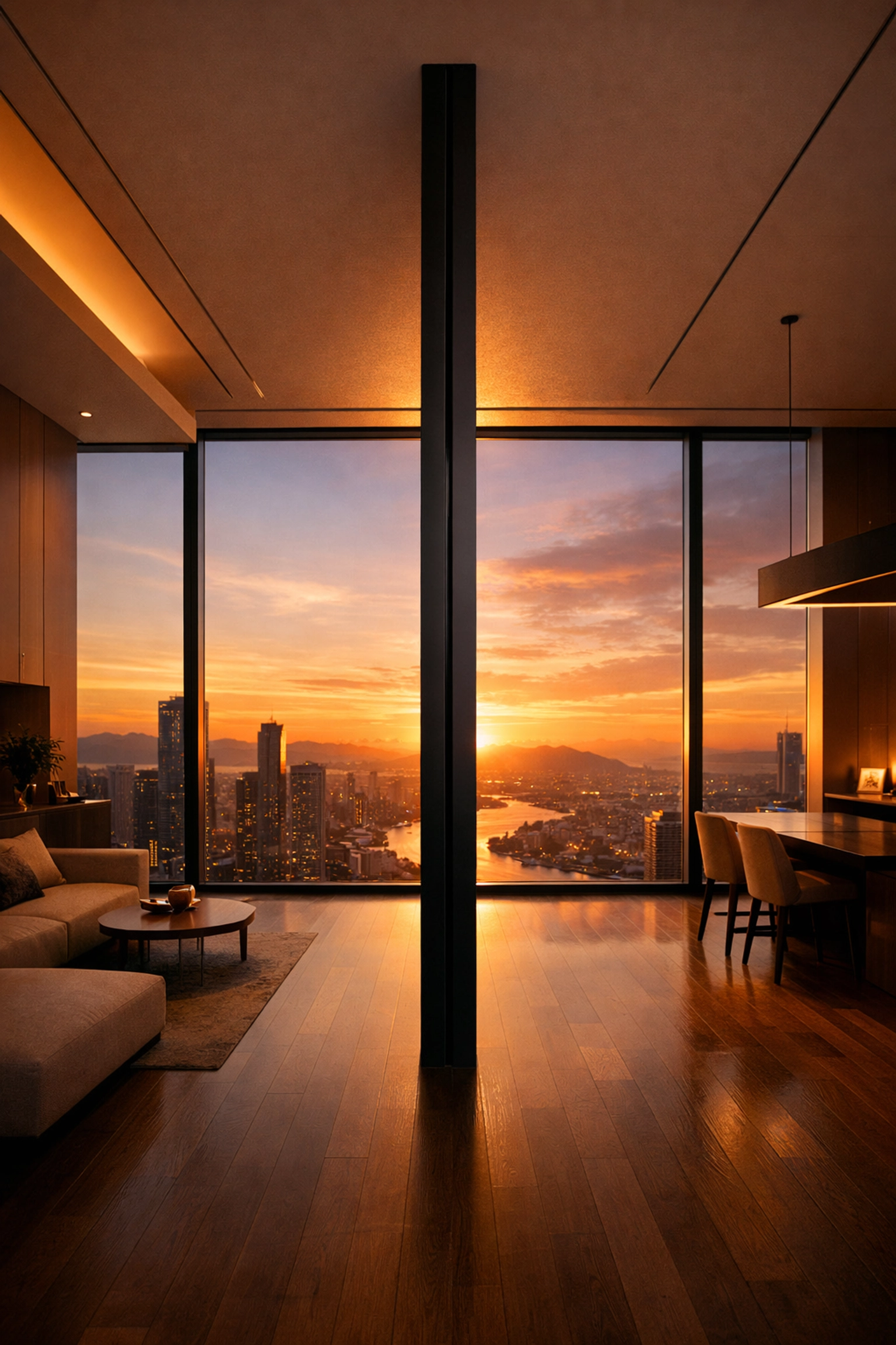 Modern floor to ceiling gym rail in a minimalist apartment for a full body home workout.