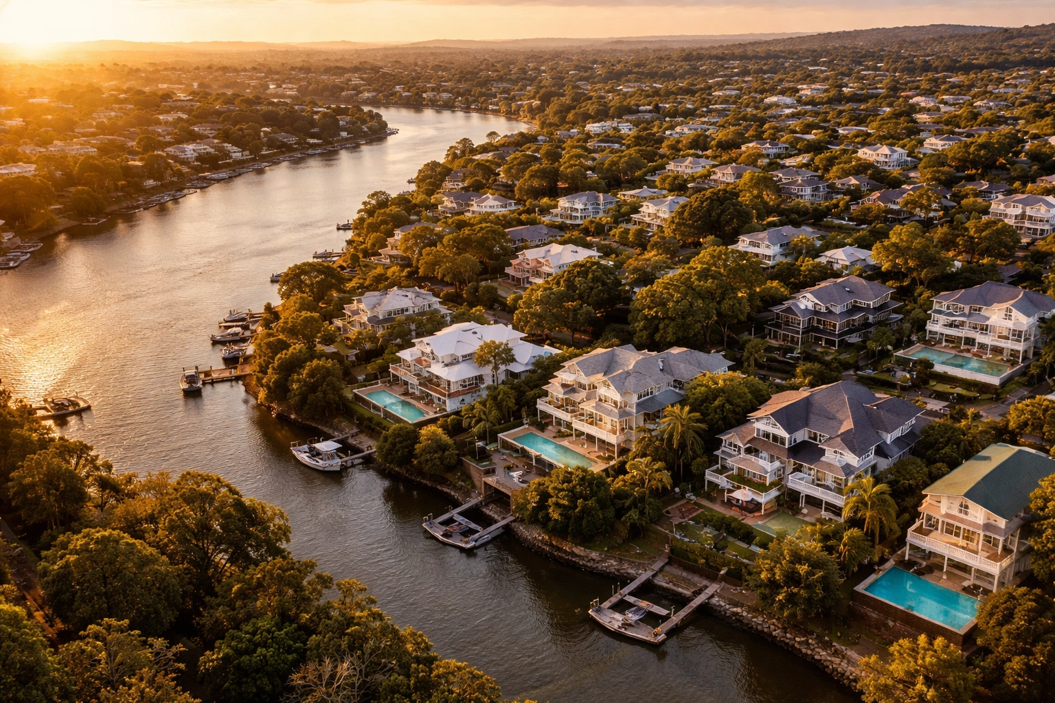 Aerial view of Hamilton and Ascot luxury homes along Brisbane River, ideal real estate markets for property styling.