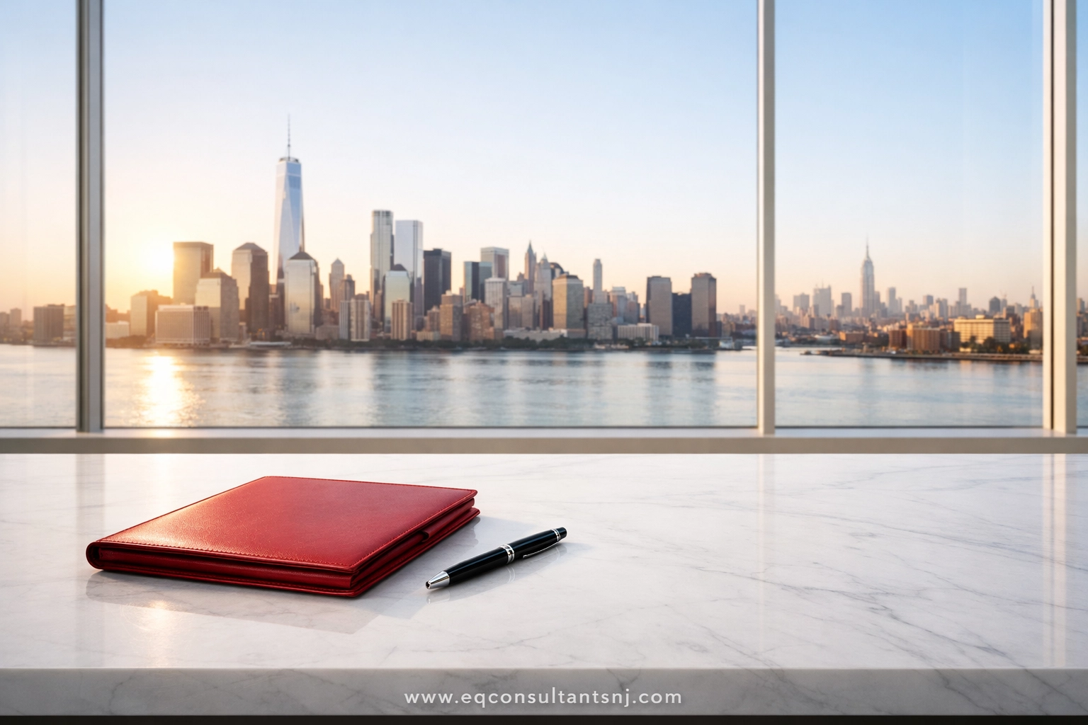 Modern NJ office with city views and a professional portfolio, representing financial clarity and business growth.