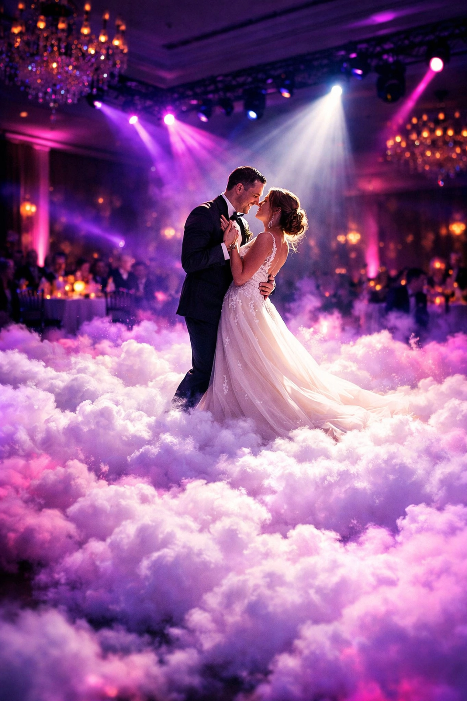 Couple's first dance with dancing on the clouds effect by Atlanta wedding DJs.