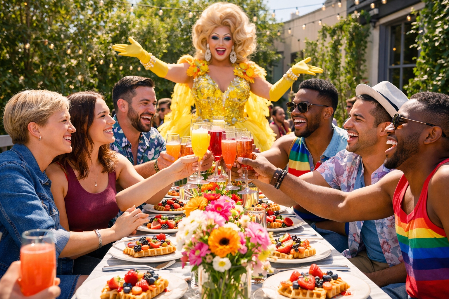 Diverse LGBTQ+ friends enjoying a festive Easter brunch with a drag queen on a sunny outdoor terrace.