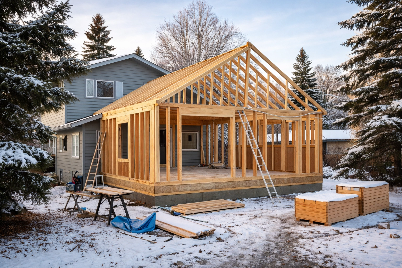 Residential home addition under construction in an Anchorage Alaska neighborhood