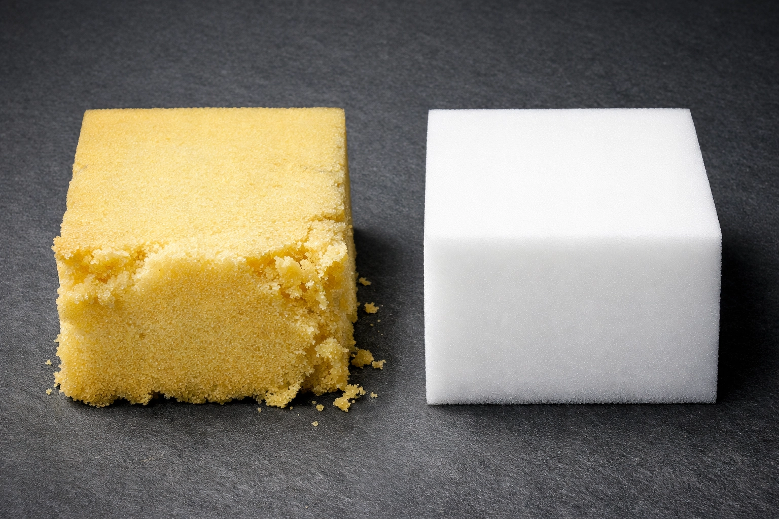 Comparison of crumbling standard polyfoam vs durable automotive-grade foam for furniture repair.