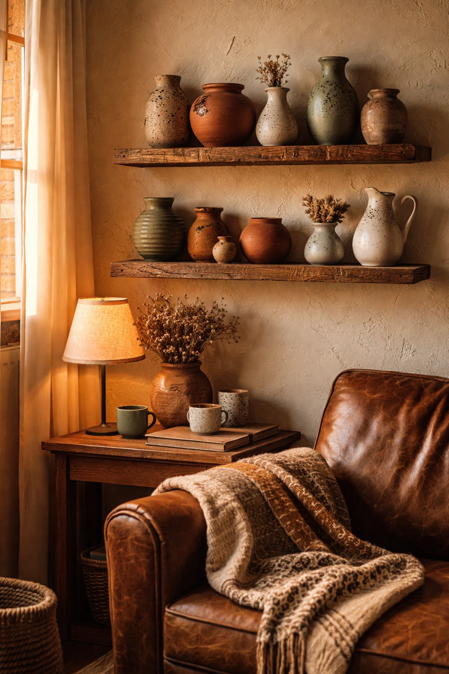 Cozy living room corner with handcrafted ceramic vases and pottery on rustic wooden shelves, showcasing artisan decor and inviting natural light.