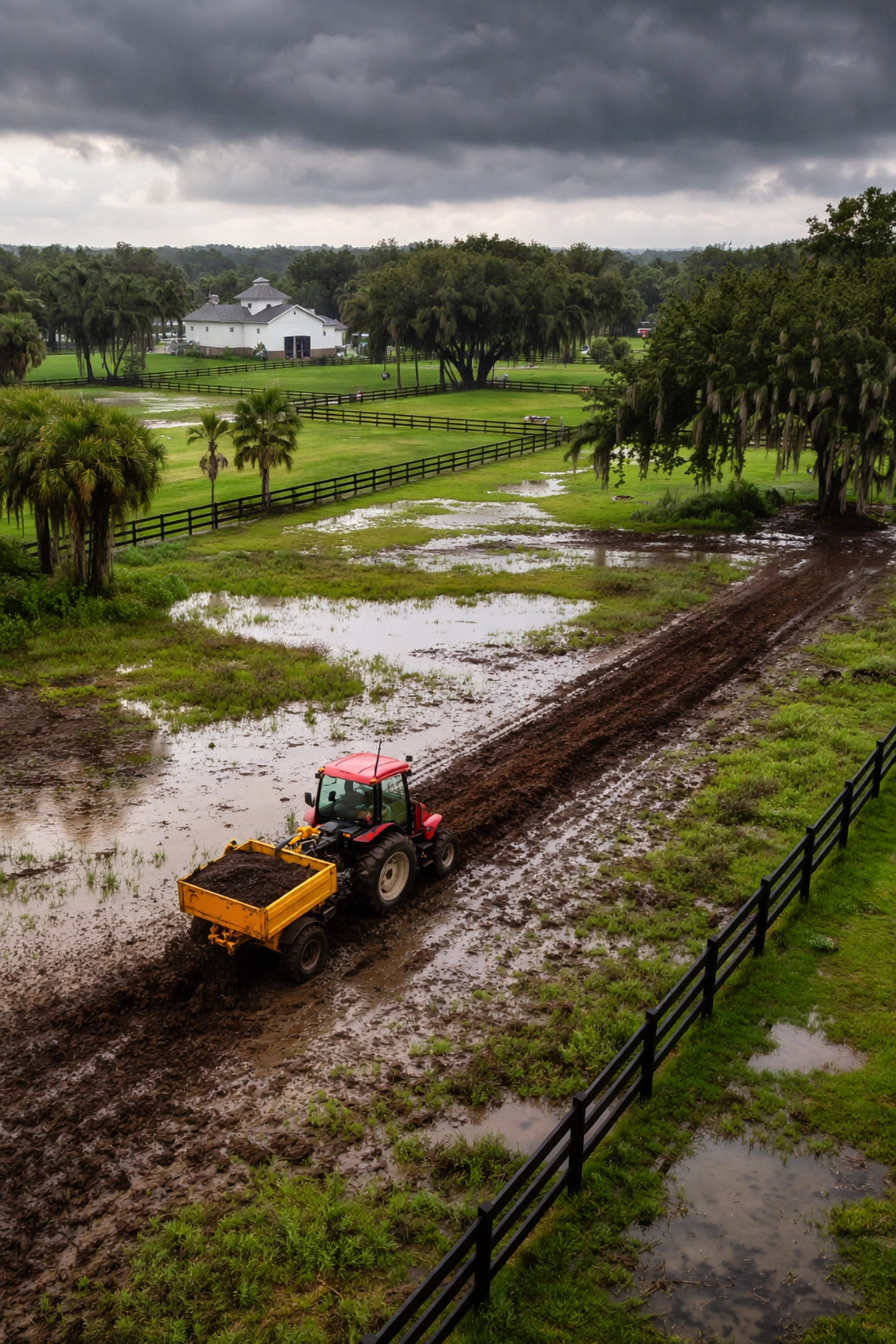 Aerial view of a Florida horse farm with a red tractor and PTO manure spreader operating on wet pasture