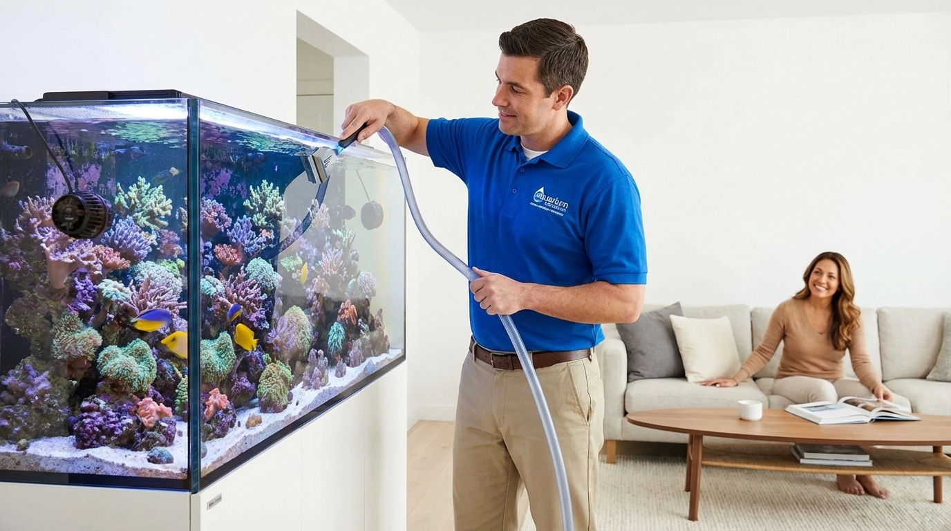 Aquarium maintenance supplies including water test kits and cleaning tools displayed for DIY fish tank care