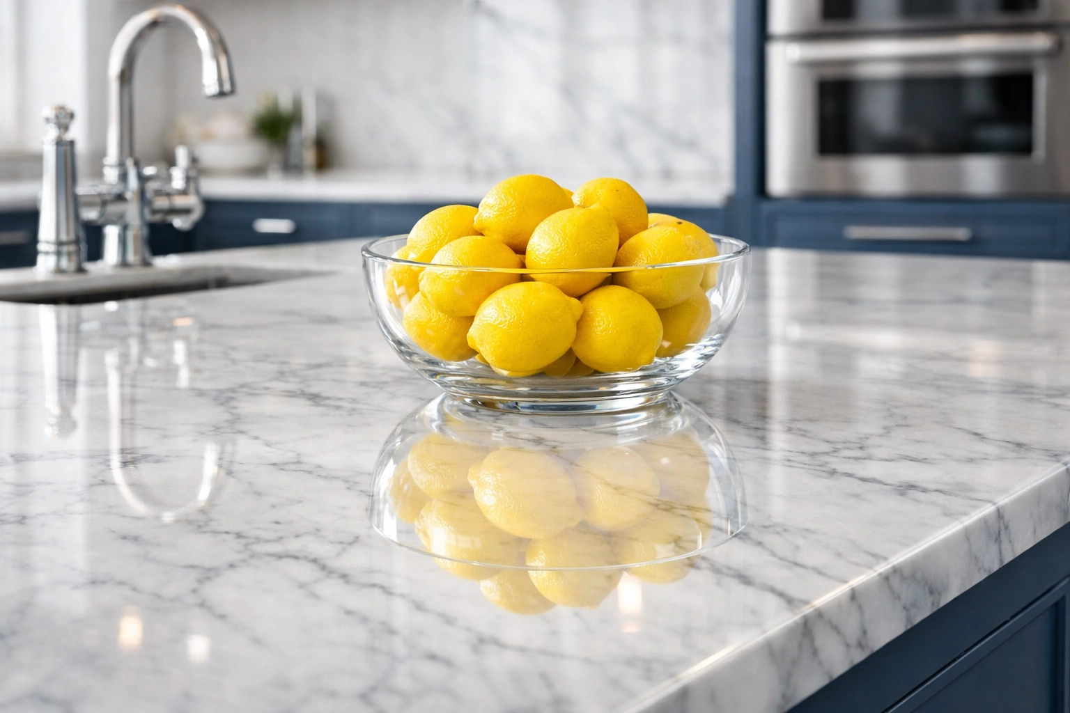 A polished white marble kitchen island in Westford demonstrating a detailed professional deep cleaning.