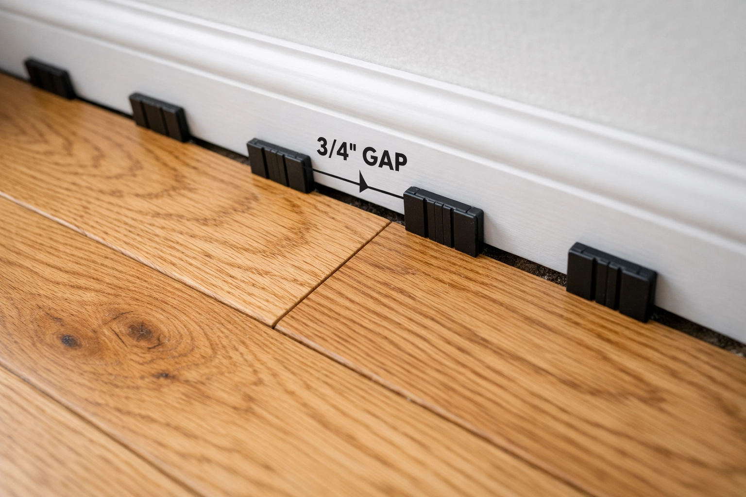 Wooden spacers maintaining expansion gap during hardwood floor installation