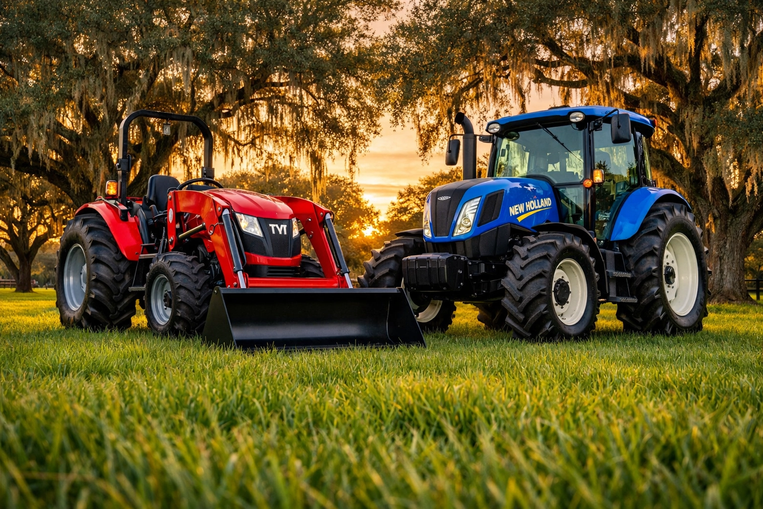 TYM and New Holland tractors for sale on a lush Ocala pasture at a top tractor dealer in Florida.