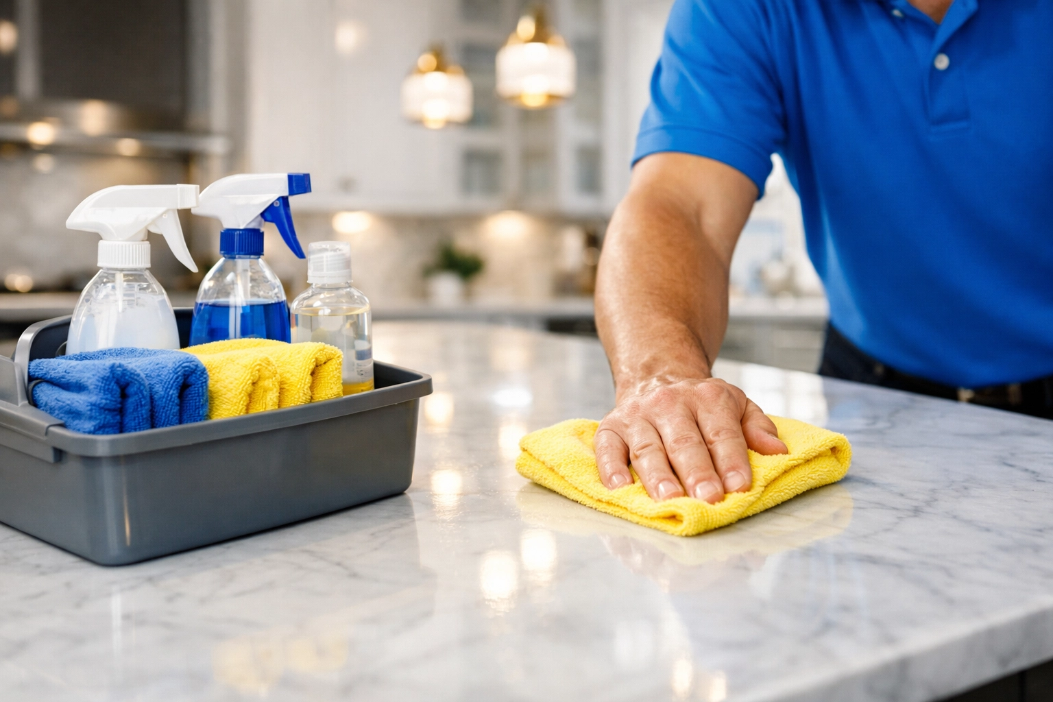 Professional house cleaning Groton MA team polishing a marble kitchen island to a streak-free shine.