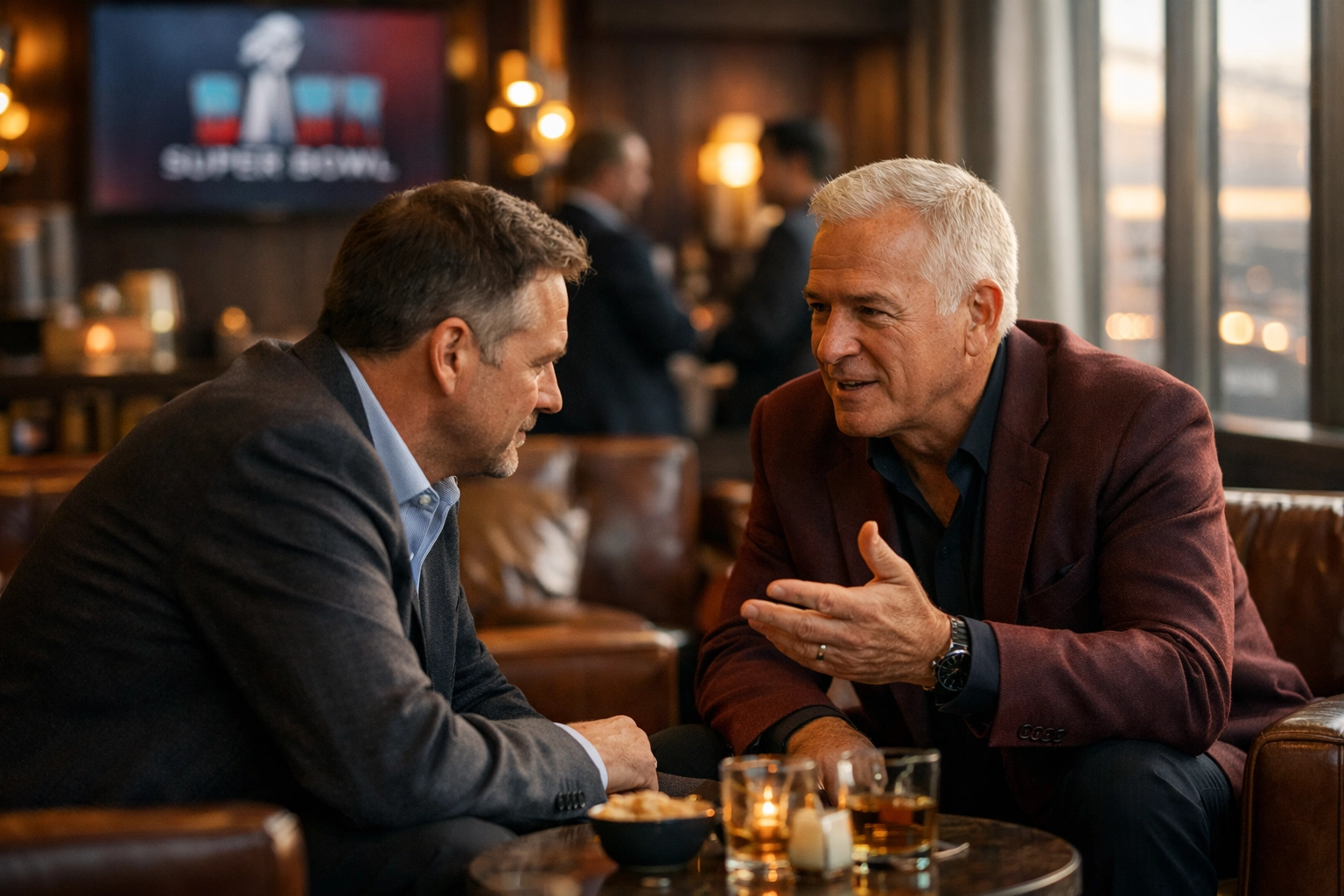 CEOs networking in conversation at exclusive Super Bowl hospitality suite