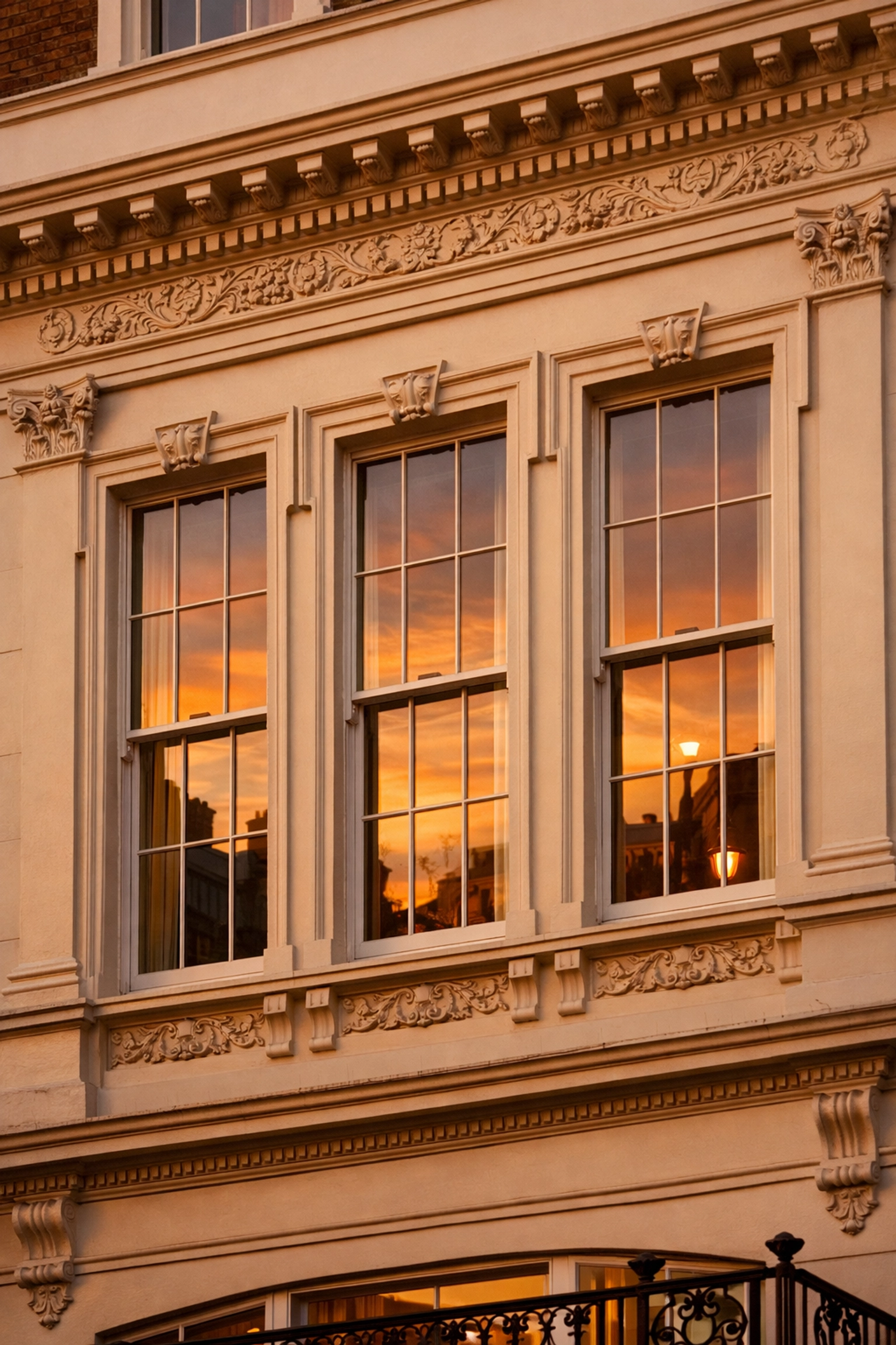 Georgian townhouse facade in Mayfair showing discreet secondary glazing preserving heritage appearance